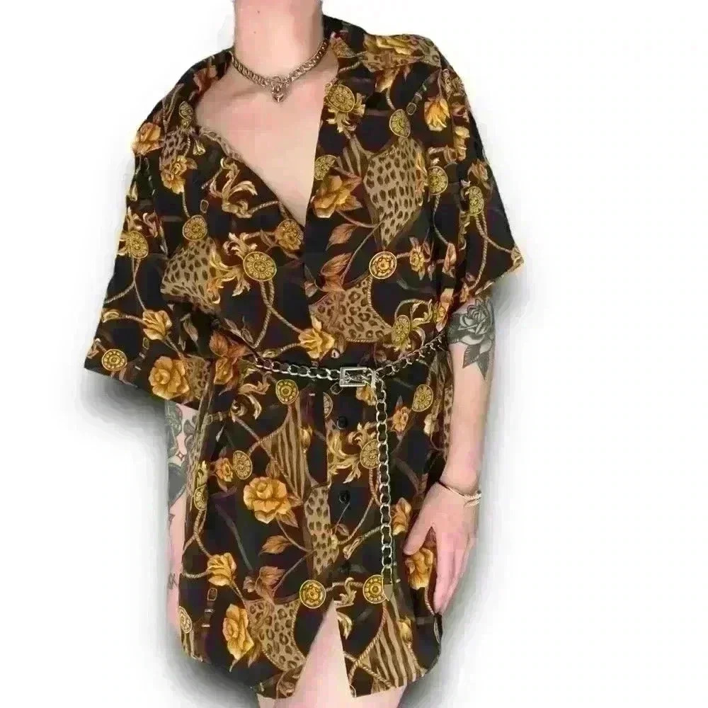 Vintage Black Gold Button Up Leopard Print Chains Floral Top Blouse‎ TR Bentley